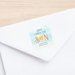 Hier kommt die Son Baby Dusche Quadratischer Aufkleber