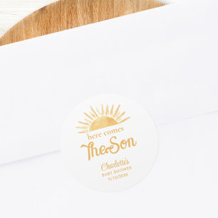 Hier kommt die Son Baby Dusche Runder Aufkleber