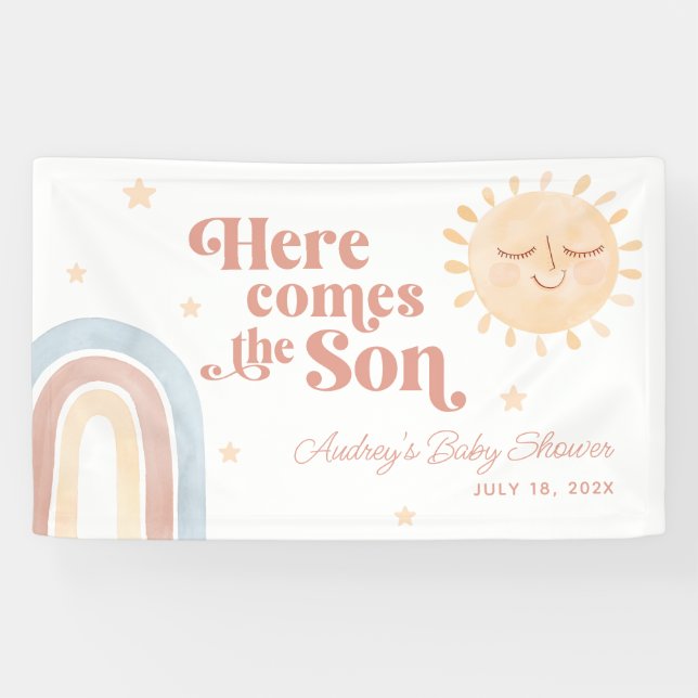 Hier kommt die Son Boho Baby Dusche Willkommen Banner (Horizontal)