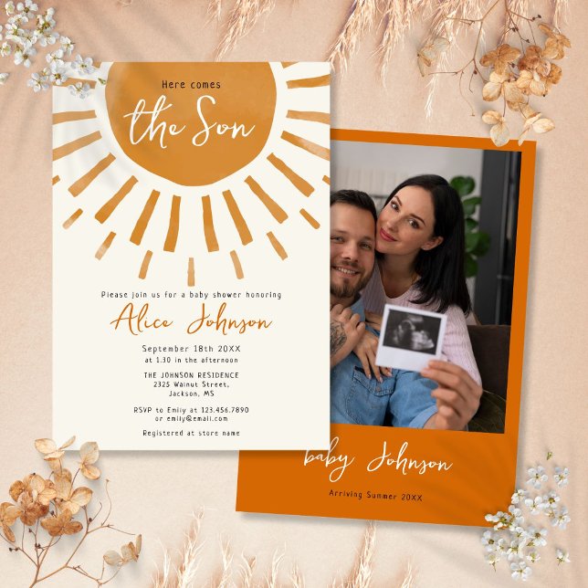Hier kommt die Son Boho Boy Foto Babydusche Einladung (Here Comes The Son Boho Boy Photo Baby Shower Invitation)