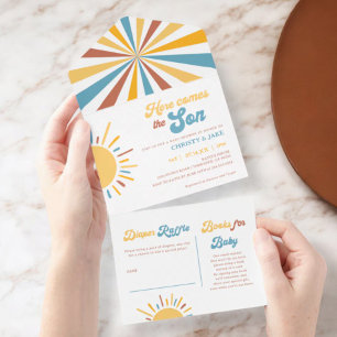 Hier kommt die Son Boy Baby Dusche All In One Einladung