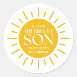 Hier kommt die Son Boy Baby Dusche Runder Aufkleber