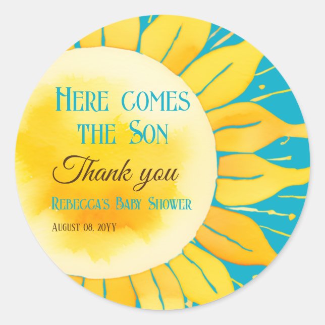 Hier kommt die Son Boy Blue Sunshine Baby Dusche Runder Aufkleber (Vorderseite)