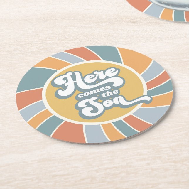 Hier kommt die Son Groovy Retro Sun Baby Dusche Runder Pappuntersetzer (Angewinkelt)