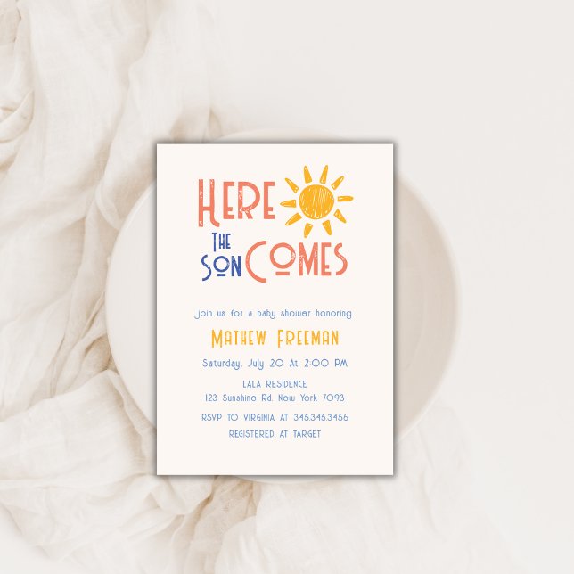 Hier kommt die Son Minimal Retro Sun Baby Dusche Einladung (Here Comes The Son Minimal Retro Sun Baby Shower Invitation)