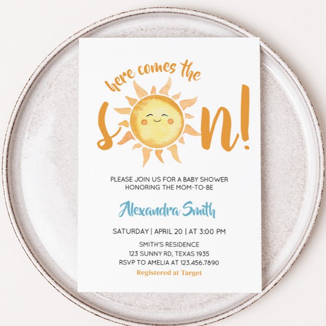Hier kommt die Son Niedlich Sun Baby Dusche Einladung (Here Comes the Son Baby Shower Invitation)