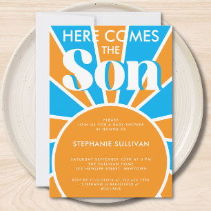 Hier kommt die Son Retro Baby Dusche Einladung