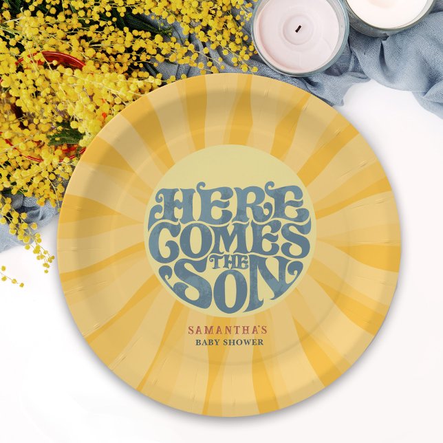 Hier kommt die Son Retro Baby Dusche Pappteller (Here comes the son baby shower paper plate celebration decor with a retro sun with rays.)