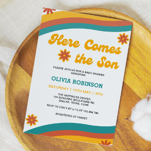 Hier kommt die Son Retro Boy Baby Dusche Einladung