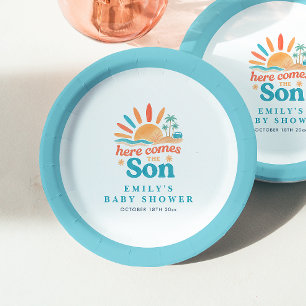 Hier kommt die Son Retro Boy Baby Dusche Pappteller