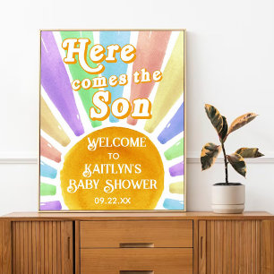 Hier kommt die Son Retro Boys Baby Dusche Willkomm Poster