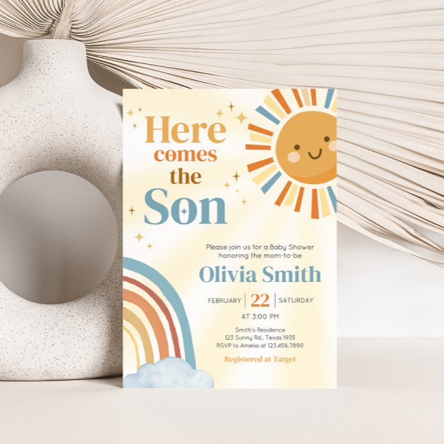 Hier kommt die Son Retro Sunshine Baby Dusche Einladung (Here Comes the Son Retro Sunshine Baby Shower Invitation)