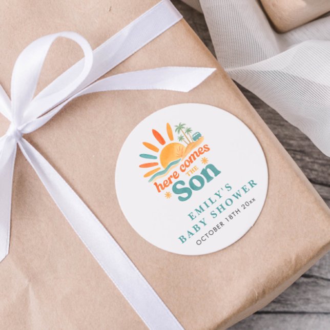 Hier kommt die Son Summer Baby Boy Dusche Runder Aufkleber (Von Creator hochgeladen)