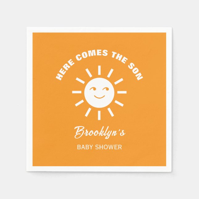 Hier kommt die Son Sun Baby Dusche Orange White Serviette (Vorderseite)