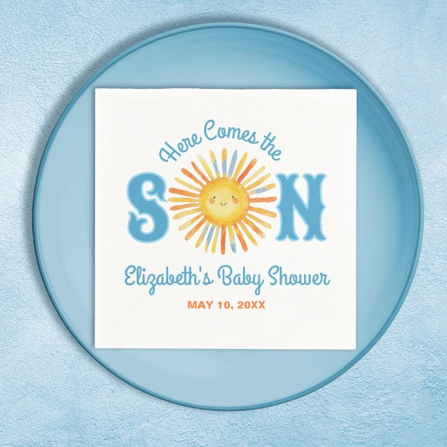 Hier kommt die Son Sunshine Baby Dusche Serviette (Here Comes the Son baby shower party napkin, Personalize it with your name and date.)