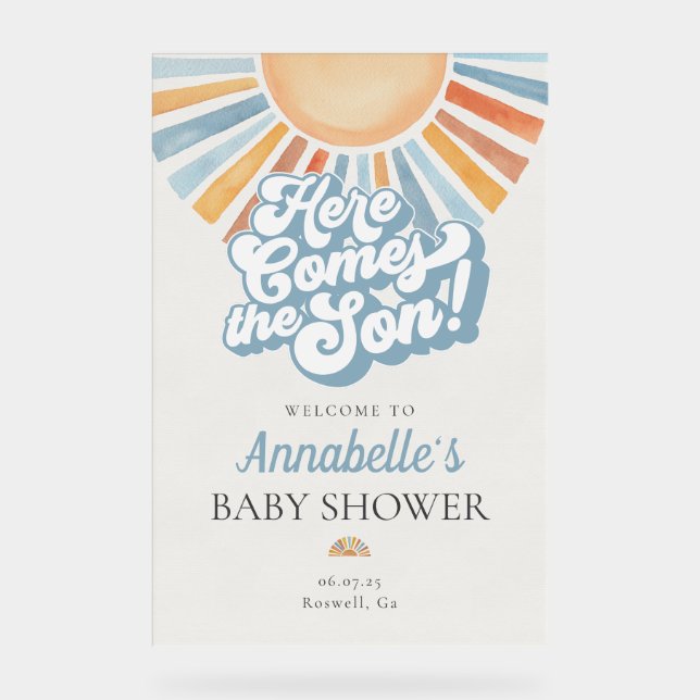 Hier kommt die Son Sunshine Baby Dusche Willkommen Acrylschild (Vorderseite)