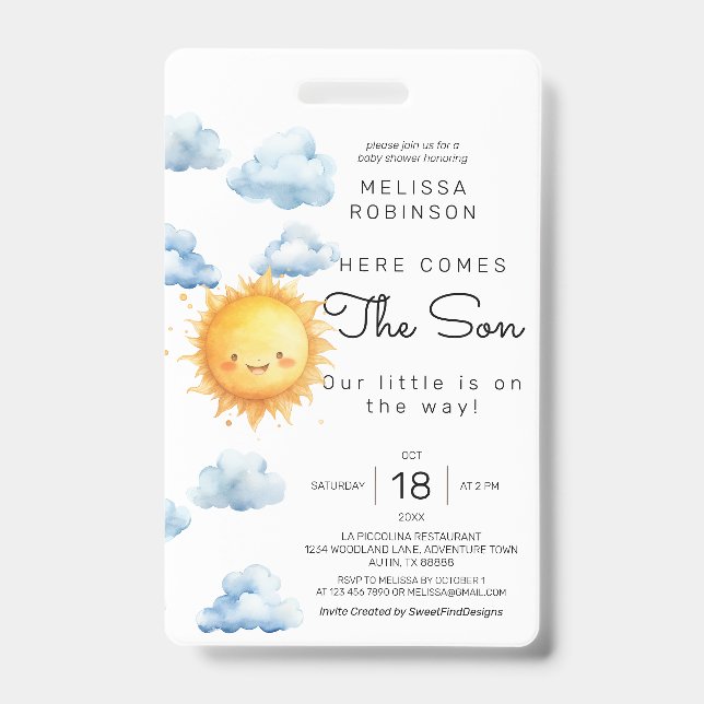 Hier kommt die Son Watercolor Baby Boy Dusche Ausweis (Vorderseite)
