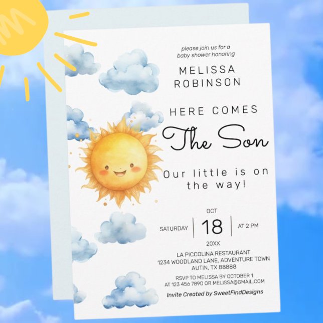 Hier kommt die Son Watercolor Baby Boy Dusche Einladung (Here comes the Son Watercolor Baby Boy Shower Invitation)