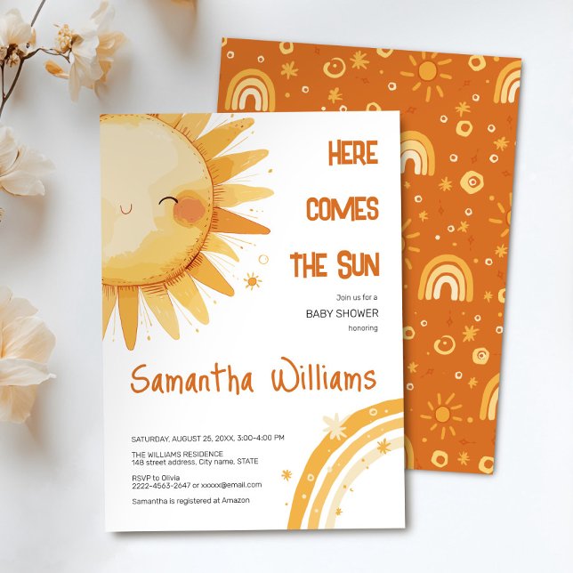 Hier kommt die Sonne | Boho Rainbow Baby Shower Einladung (Here comes the Sun watercolor cute baby shower invitation )