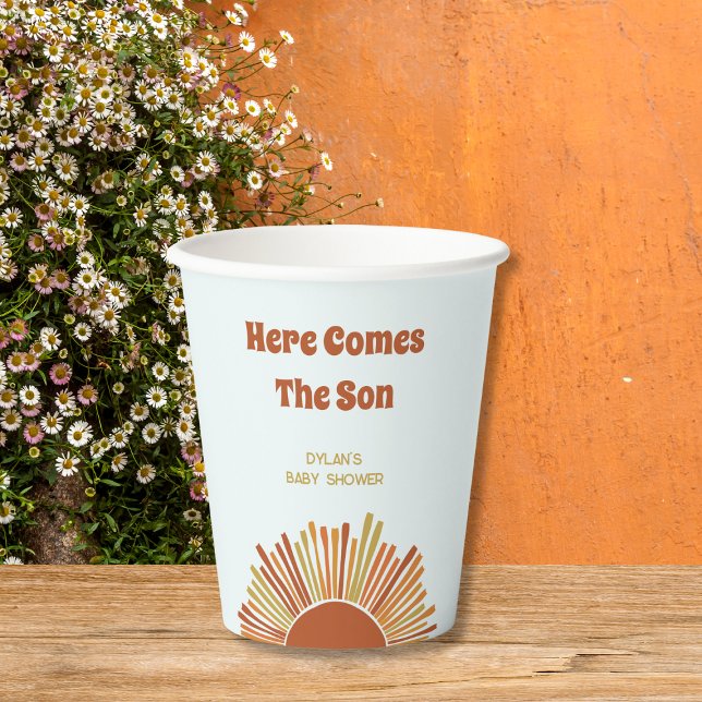 Hier kommt die Sonnendusche Boho Sunshine Pappbecher (here comes the sun boho sunshine baby shower retro baby shower burned yellow orange brown)