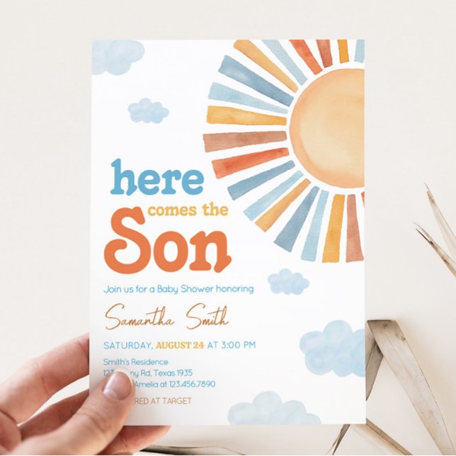 Hier kommt die Sonnendusche Einladung (Blue Boho Sunshine Baby Shower Invitation)