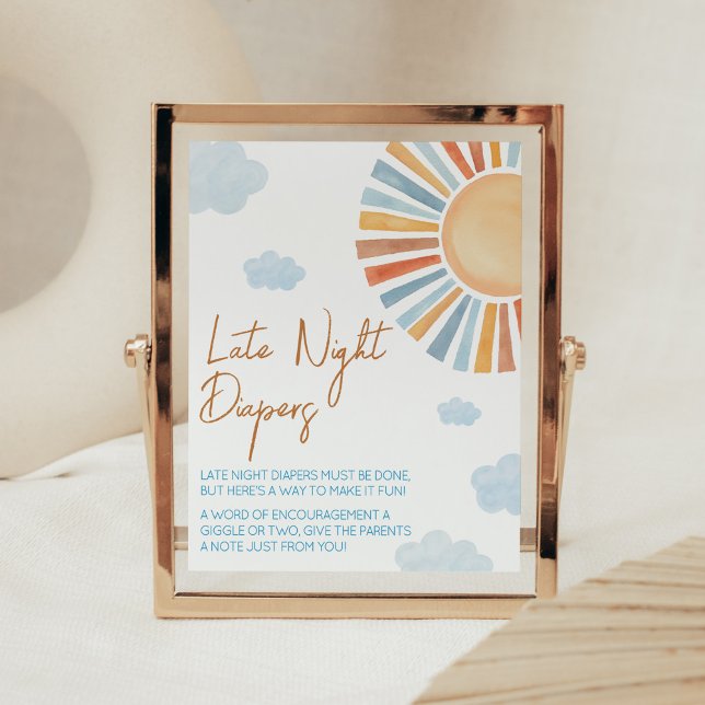 Hier kommt die Sonnendusche spät nachts Windeln Poster (Blue Boho Sunshine Baby Shower Late Night Diapers Sign)