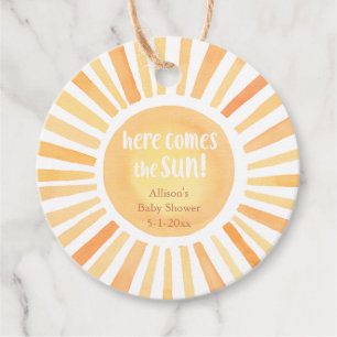 Hier kommt die sonnige Babydusche Geschenkanhänger