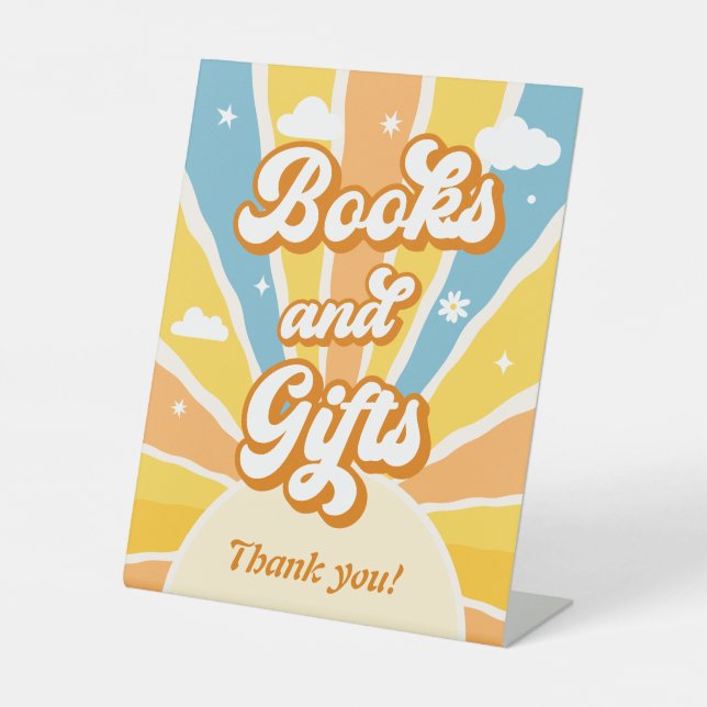 Hier kommt die Sun Baby Shower Books & Gifts Sockelschild (Vorderseite)