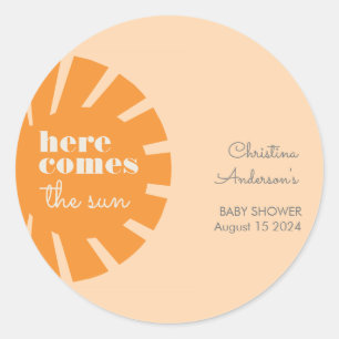 Hier kommt die Sun Retro Baby Dusche Runder Aufkleber