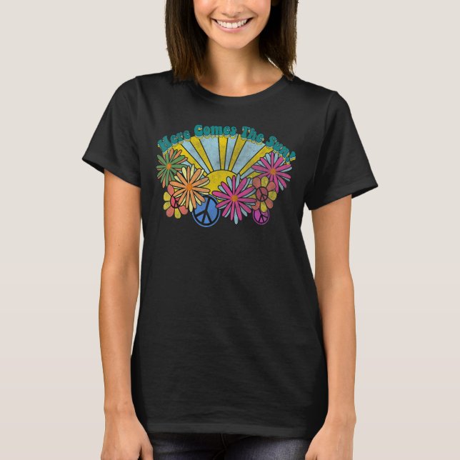 Hier kommt die Sun Spring Hippie Peace Sign Floral T-Shirt (Vorderseite)
