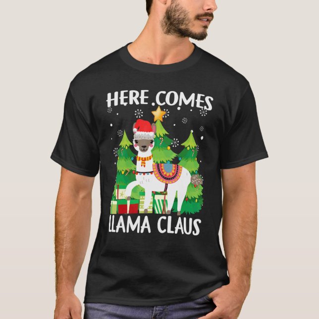Hier kommt Llama Claus Weihnachtsbaum Llama Xmas 2 T-Shirt (Vorderseite)