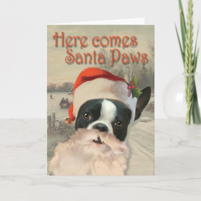 Hier kommt Santa Paws Feiertagskarte (Vorderseite)