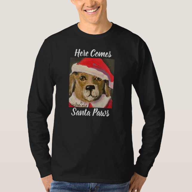 Hier kommt Santa Paws lustiges Santa Dog T-Shirt (Vorderseite)