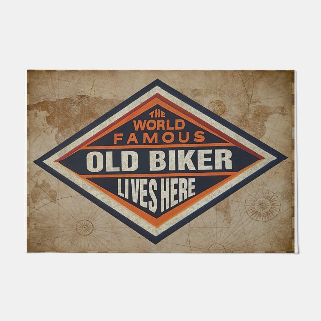 Hier lebt der weltberühmte Alte Biker Fußmatte (Vorderseite)