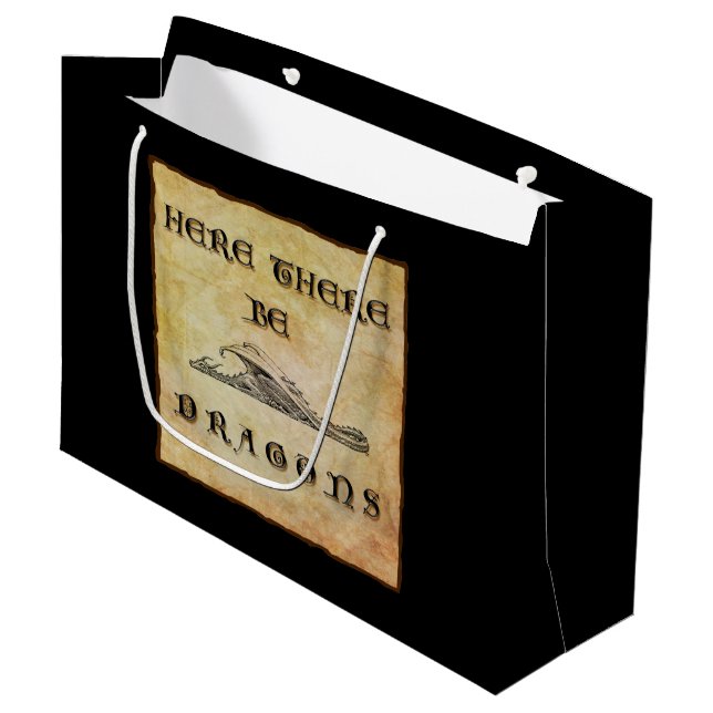 Hier sind Drachen Große Geschenktüte (Vorderseite Schrägansicht)
