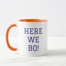 Hier sind wir! Fußball-Fan-Tasse – Blau und Orange