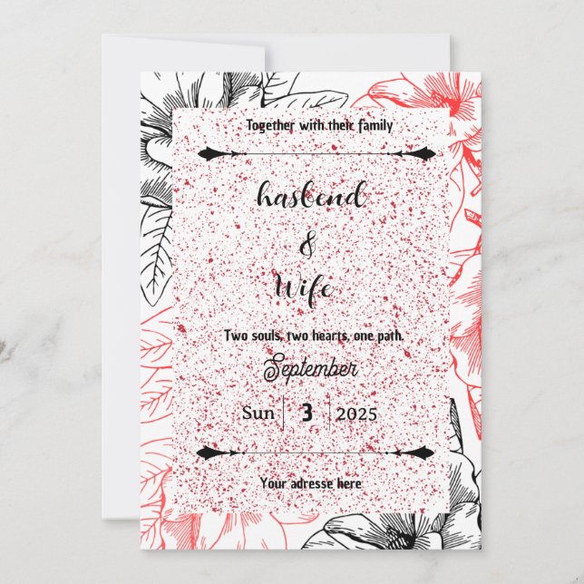 High-Contrast Red Speckle & Black Line Art Floral Einladung (Vorderseite)
