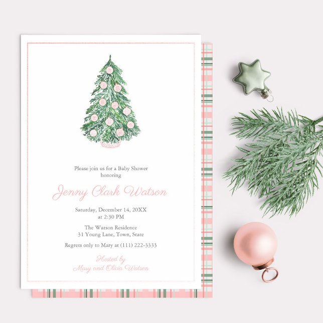 High End Pink Green Christmas Baby Dusche für Mädc Folieneinladung (Refined Rose Gold And Pink Chinoiserie Holidays Tree Baby Shower For Girl Invitation)