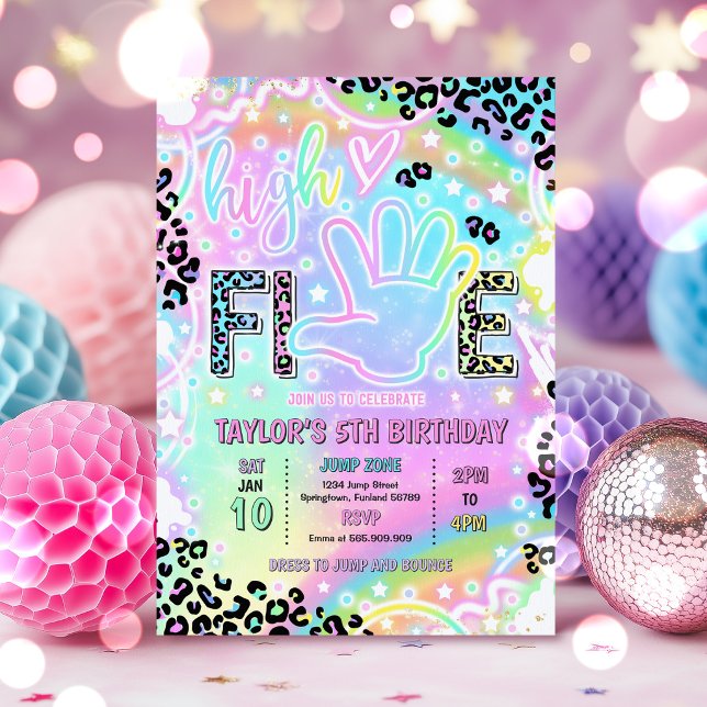 High Five Rainbow Leopard Print 5th Birthday Party Einladung (Von Creator hochgeladen)