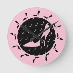 High Heel Black And Pink Round Clock Runde Wanduhr