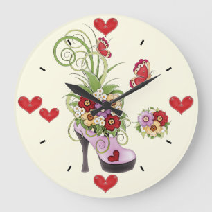 High Heel, Flowers, Hearts and Butterflies Clock Große Wanduhr