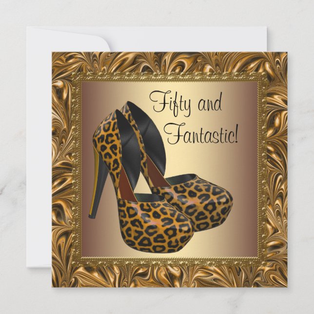 High Heel Schuhe Frauen Leopard Gold 50. Geburtsta Einladung (Vorderseite)