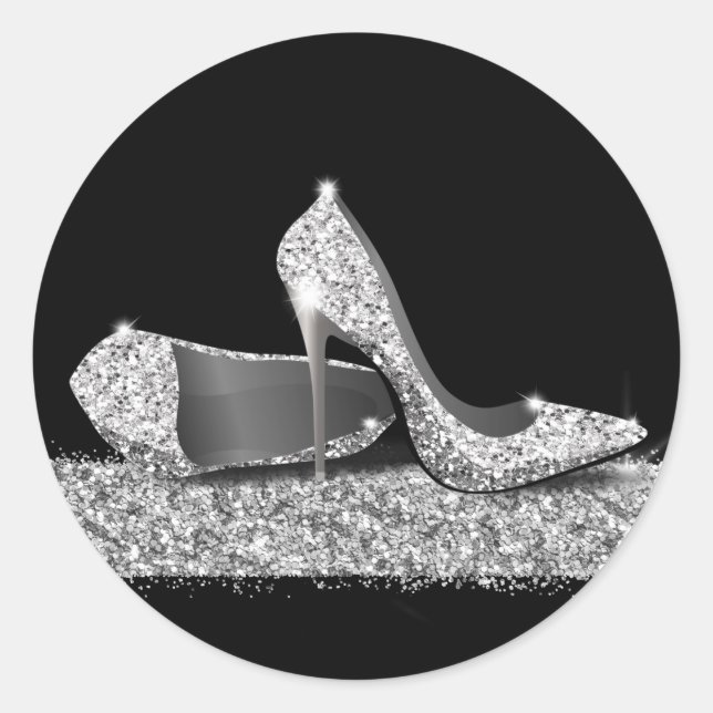 High Heel Shoes Silver Glitzer Gefallen Runder Aufkleber (Vorderseite)