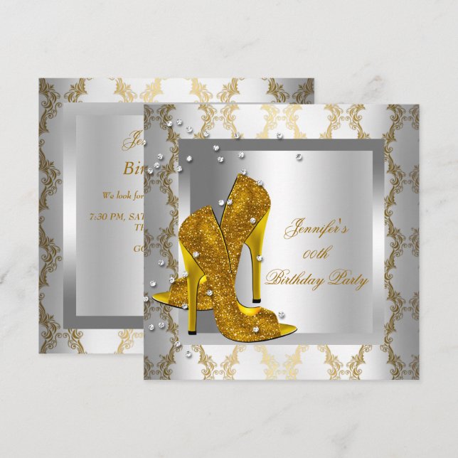 High Heel Shoes Silver Gold Geburtstagsparty Einladung (Vorne/Hinten)