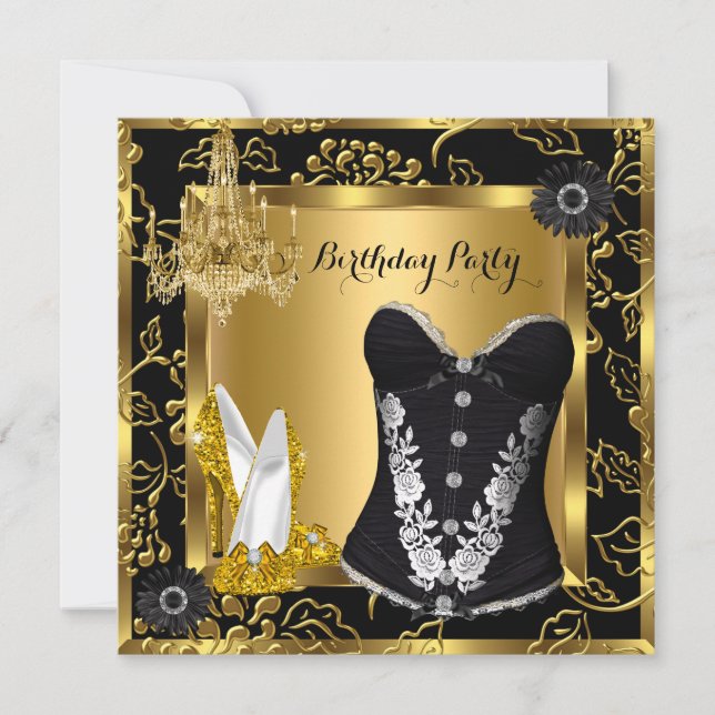 High Heels Chandelier Lace Corset Black Gold Einladung (Vorderseite)