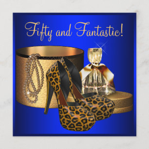 High Heels Leopard Blau Gold Frau 50. Geburtstag Einladung