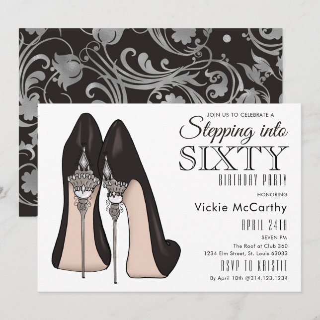 High Heels Stepping in Sixty Birthday Party Einladung (Vorne/Hinten)
