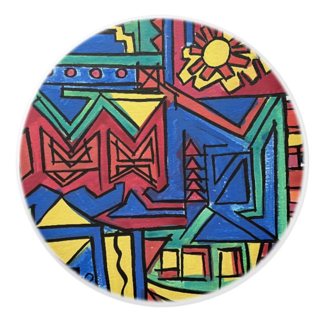 High Noon-Whimsical Hand Painted Modern Art Keramikknauf (Vorderseite)