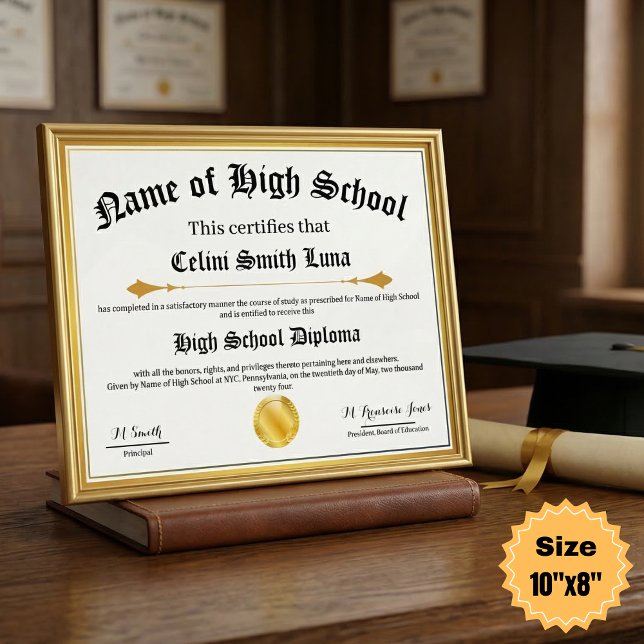 High School Diploma Replika Poster mit Faux Gold (Personalized High School Diploma Replica Poster with Faux Gold Seal - 10"x8" -)