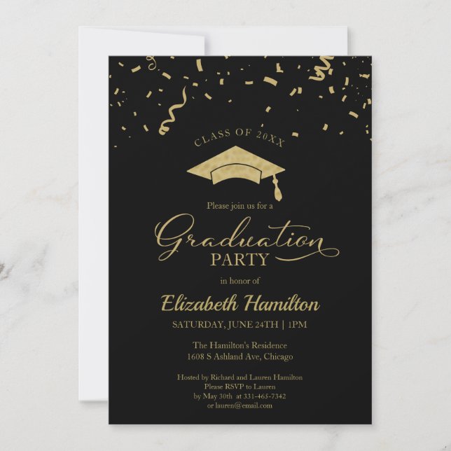 High School Grad Party Gold Confetti Black Einladung (Vorderseite)